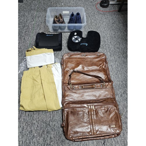 150 - A quantity of collectables to include a leather style Sterling foldable suit bag, a pair of mustard ... 
