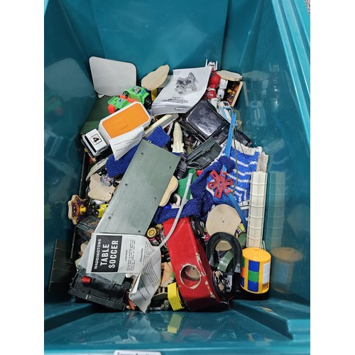 157 - Green crate containing a large quantity of assorted toys to include wooden building blocks, chess bo... 