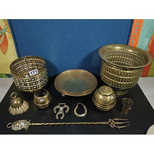 171 - A quantity of collectable brassware to include a Lipton tea orb shaped tea caddie with a lion symbol... 
