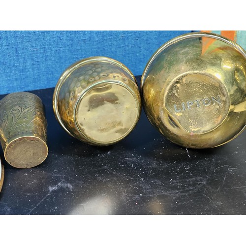 171 - A quantity of collectable brassware to include a Lipton tea orb shaped tea caddie with a lion symbol... 