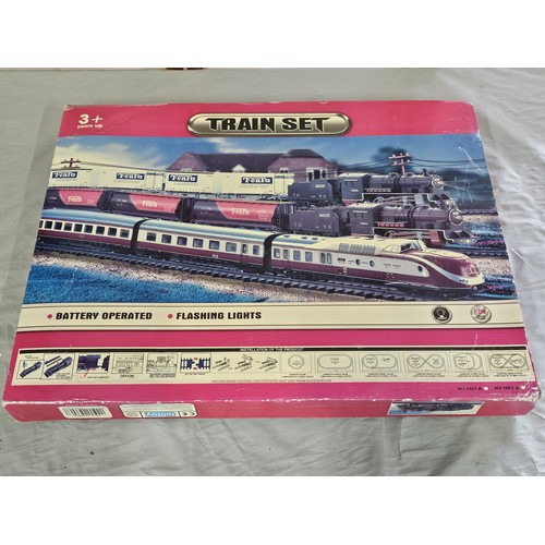 134 - A boxed complete plastic train set by the Railcar company, set appears complete including, the engin... 
