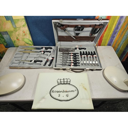 16 - A brown padded cased Rosenbaum set of kitchen knives and accessories on 2 trays, to include a full s... 
