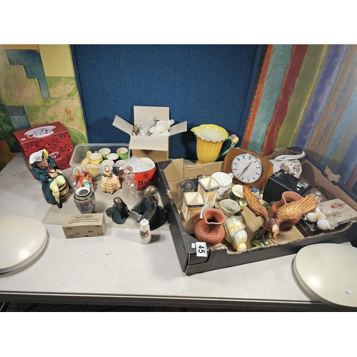 45 - 2x boxes containing a very large collection of collectables to include a vintage mechanical clock, a... 