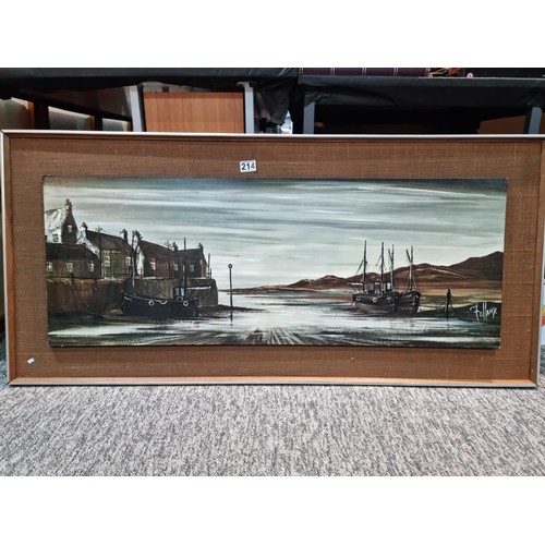 57 - A large framed picture of a harbour scene in good condition. Has a length of 130cm with a width of 6... 