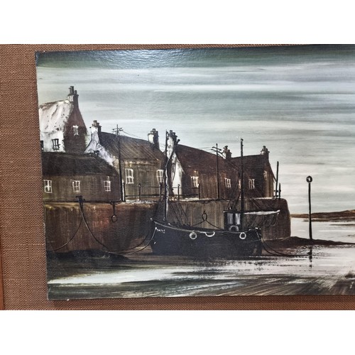 57 - A large framed picture of a harbour scene in good condition. Has a length of 130cm with a width of 6... 