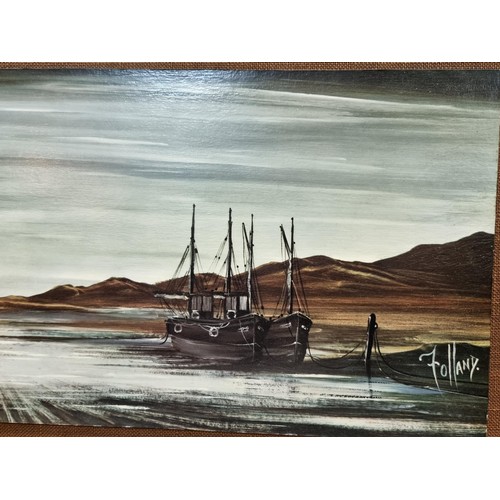 57 - A large framed picture of a harbour scene in good condition. Has a length of 130cm with a width of 6... 