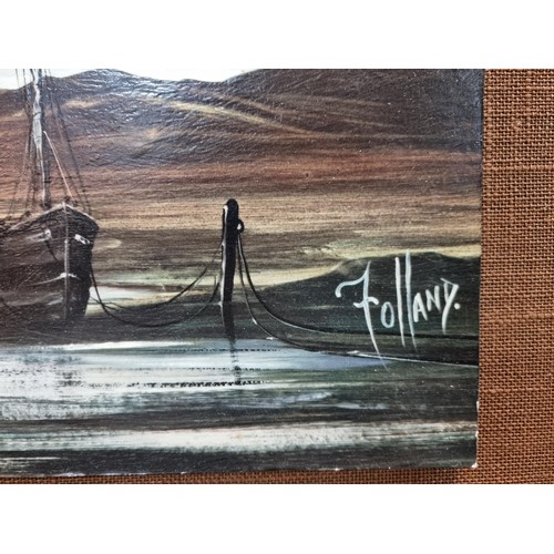 57 - A large framed picture of a harbour scene in good condition. Has a length of 130cm with a width of 6... 