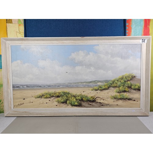 56 - A large original oil on canvas of a beach scene signed A.H Nordbery, the painting has a small hole i... 