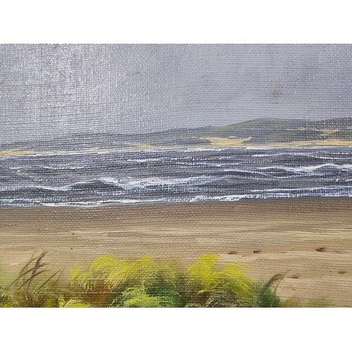 56 - A large original oil on canvas of a beach scene signed A.H Nordbery, the painting has a small hole i... 