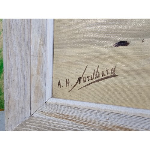 56 - A large original oil on canvas of a beach scene signed A.H Nordbery, the painting has a small hole i... 