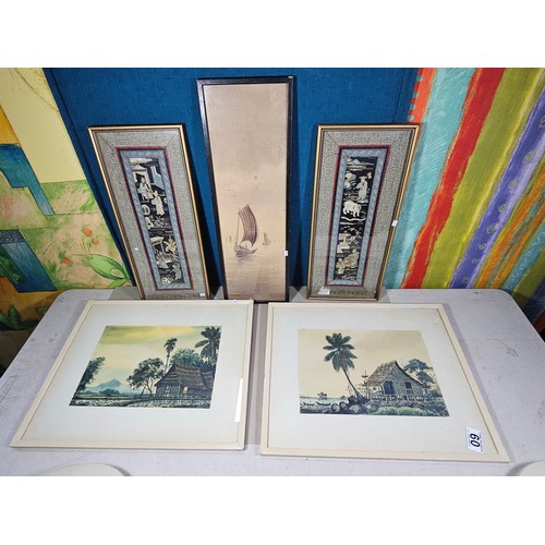60 - A collection of 5 framed and glazed pictures to include 2 Oriental silks depicting farm scenes, a wa... 