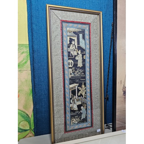 60 - A collection of 5 framed and glazed pictures to include 2 Oriental silks depicting farm scenes, a wa... 