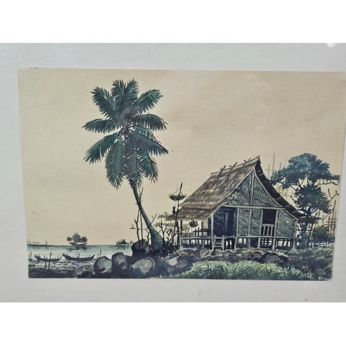 60 - A collection of 5 framed and glazed pictures to include 2 Oriental silks depicting farm scenes, a wa... 