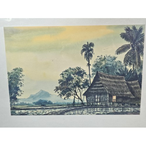 60 - A collection of 5 framed and glazed pictures to include 2 Oriental silks depicting farm scenes, a wa... 