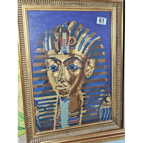 61 - 4x framed and glazed needlework pictures to include a white framed image of purple flowers, a gilt f... 