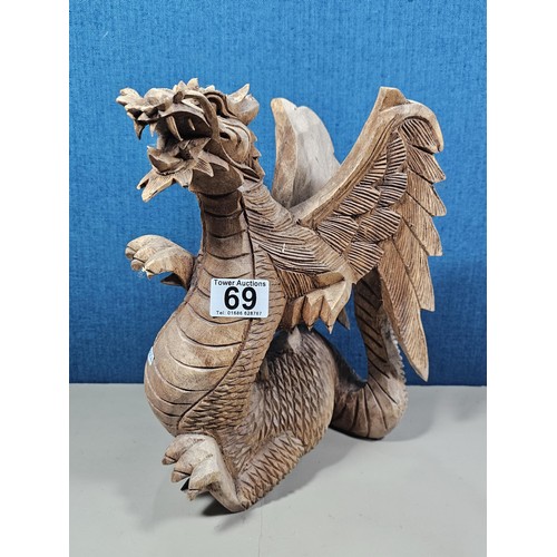 69 - A hand carved solid wood dragon figure, very well detailed. It has minor damage to 1 caw otherwise i... 