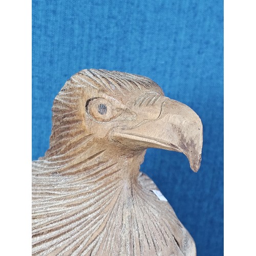 70 - A good quality hand carved solid wood eagle figure standing on a plinth, in very good detail. Has a ... 