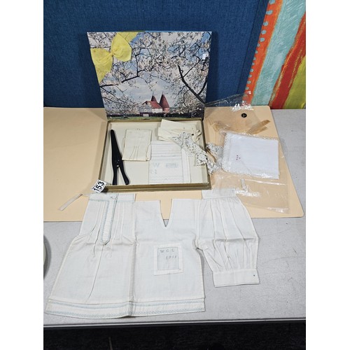 153 - A boxed vintage set of ladies gloves and glove stretchers in ebony along with handkerchiefs, a lace ... 