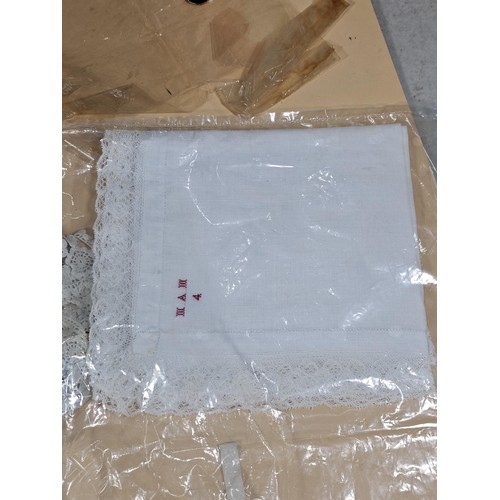 153 - A boxed vintage set of ladies gloves and glove stretchers in ebony along with handkerchiefs, a lace ... 