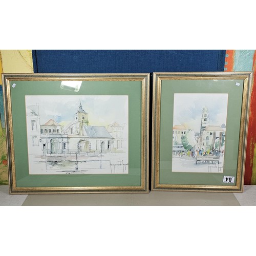 84 - 2x good quality framed and glazed watercolours of street scenes in Bruges, one depicts the entrance ... 