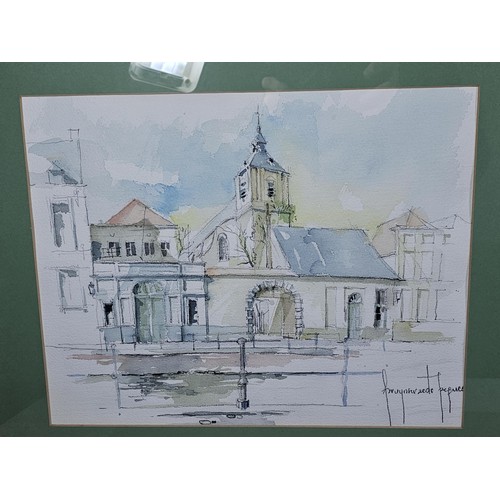 84 - 2x good quality framed and glazed watercolours of street scenes in Bruges, one depicts the entrance ... 