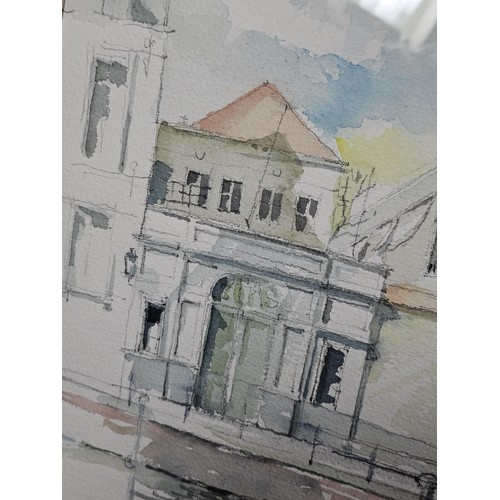 84 - 2x good quality framed and glazed watercolours of street scenes in Bruges, one depicts the entrance ... 