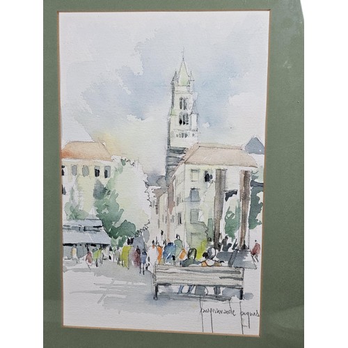 84 - 2x good quality framed and glazed watercolours of street scenes in Bruges, one depicts the entrance ... 