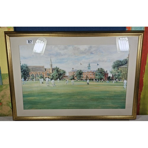 87 - Large framed and glazed limited edition print of Cricketers at Shrewsbury number 540 of 1000, the pr... 