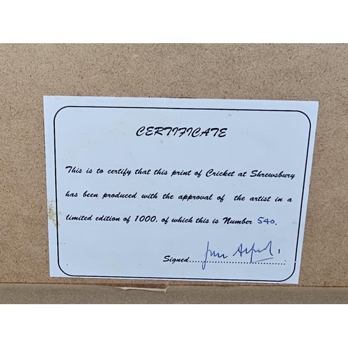 87 - Large framed and glazed limited edition print of Cricketers at Shrewsbury number 540 of 1000, the pr... 