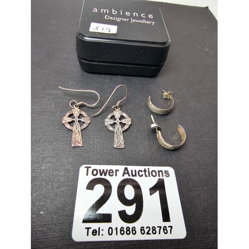 291 - 2x pairs of 925 Silver earrings to include a pair of drop earrings with a Celtic Cross design and a ... 