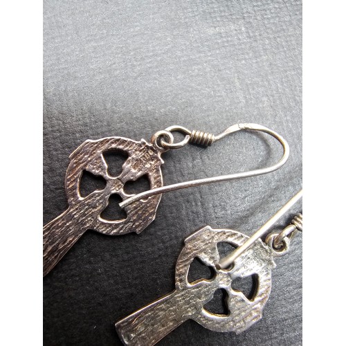 291 - 2x pairs of 925 Silver earrings to include a pair of drop earrings with a Celtic Cross design and a ... 