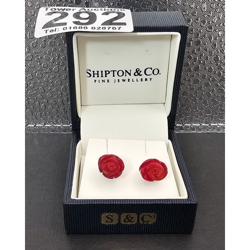 292 - A pair of pretty 9825 Silver Red Rose Stud Earrings. The roses are carved out of a Red Jasper stone.... 