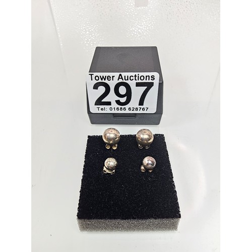 297 - 2x pairs of 925 Silver ball stud earrings featuring a larger set and a smaller set. Both are complet... 