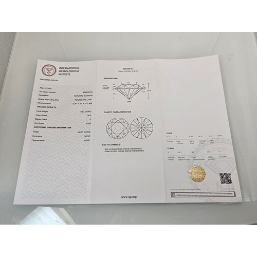 396 - A 0.57ct natural round brilliant round diamond gemstone with full diamond report by IGI. The diamond... 