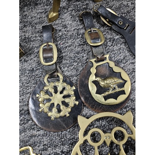 221 - A small crate containing a quantity of assorted brassware to include horse brasses, owl formed trive... 