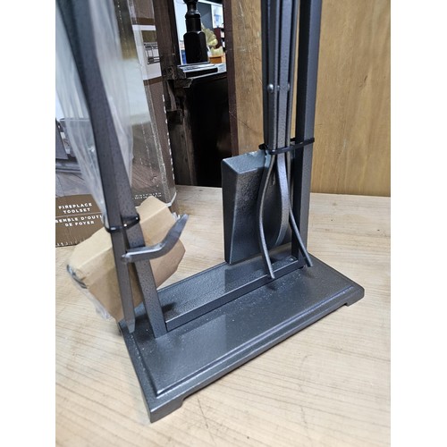 480 - A good quality boxed Open Hearth fireplace tool set / companion, made of hollow metal in brushed gre... 