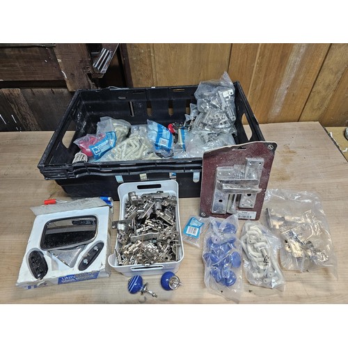 496 - Box containing a quantity of shed odds to include a left hand side convex anti-dazzel car door mirro... 