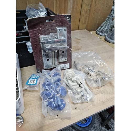 496 - Box containing a quantity of shed odds to include a left hand side convex anti-dazzel car door mirro... 