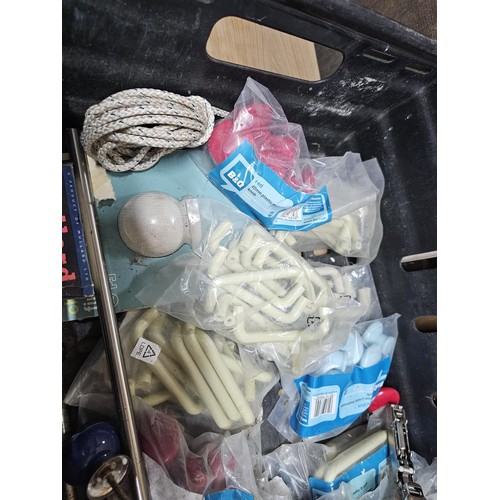 496 - Box containing a quantity of shed odds to include a left hand side convex anti-dazzel car door mirro... 