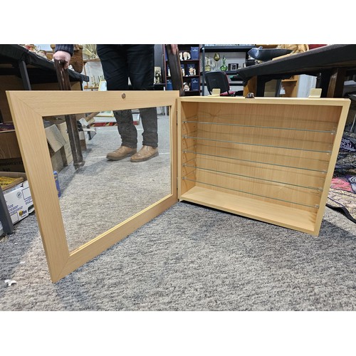 461 - An as new modern beech wall hanging shelf unit with 5 glass shelves and large clear beech framed gla... 