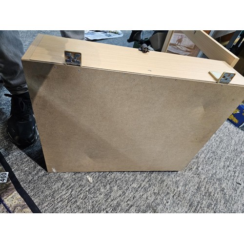 461 - An as new modern beech wall hanging shelf unit with 5 glass shelves and large clear beech framed gla... 