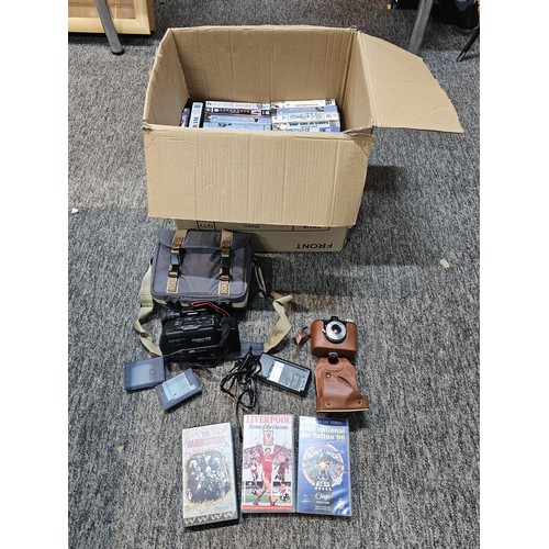 462 - A compact VHS portable video recorder complete with charger and spare tape, along with a  Agfa clack... 