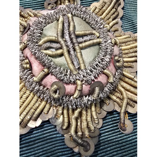 455 - A senior officers ceremonial sash of ribbed green moire silk prominently applied with genuine gold b... 