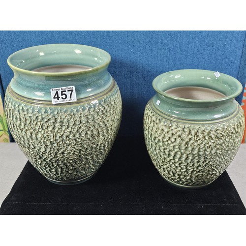 457 - 2 good large Denby bracken pattern vases having a textured design, both are in a green matching glaz... 