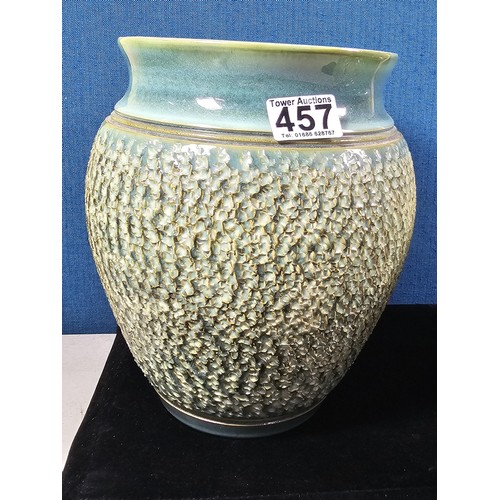 457 - 2 good large Denby bracken pattern vases having a textured design, both are in a green matching glaz... 