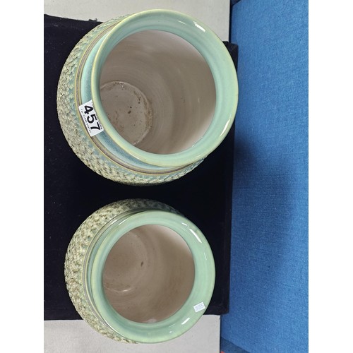 457 - 2 good large Denby bracken pattern vases having a textured design, both are in a green matching glaz... 