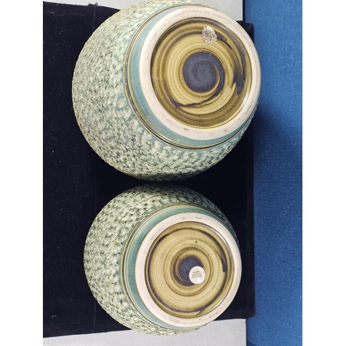 457 - 2 good large Denby bracken pattern vases having a textured design, both are in a green matching glaz... 