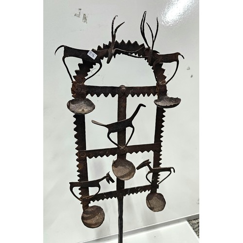 444 - An impressive antique large Indian tribal wrought iron oil lamp or diwali light stand, late 19th/ ea... 