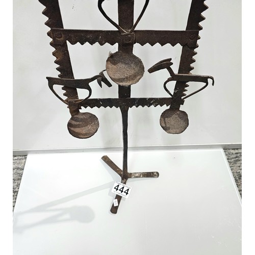444 - An impressive antique large Indian tribal wrought iron oil lamp or diwali light stand, late 19th/ ea... 