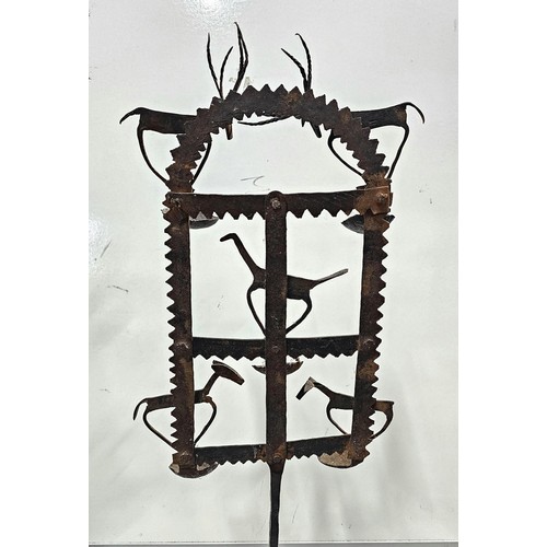 444 - An impressive antique large Indian tribal wrought iron oil lamp or diwali light stand, late 19th/ ea... 